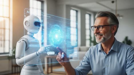 a captivated man interacts with an advanced ai robot, showcasing a futuristic environment filled with holographic technology and innovation, highlighting human-robot collaboration.