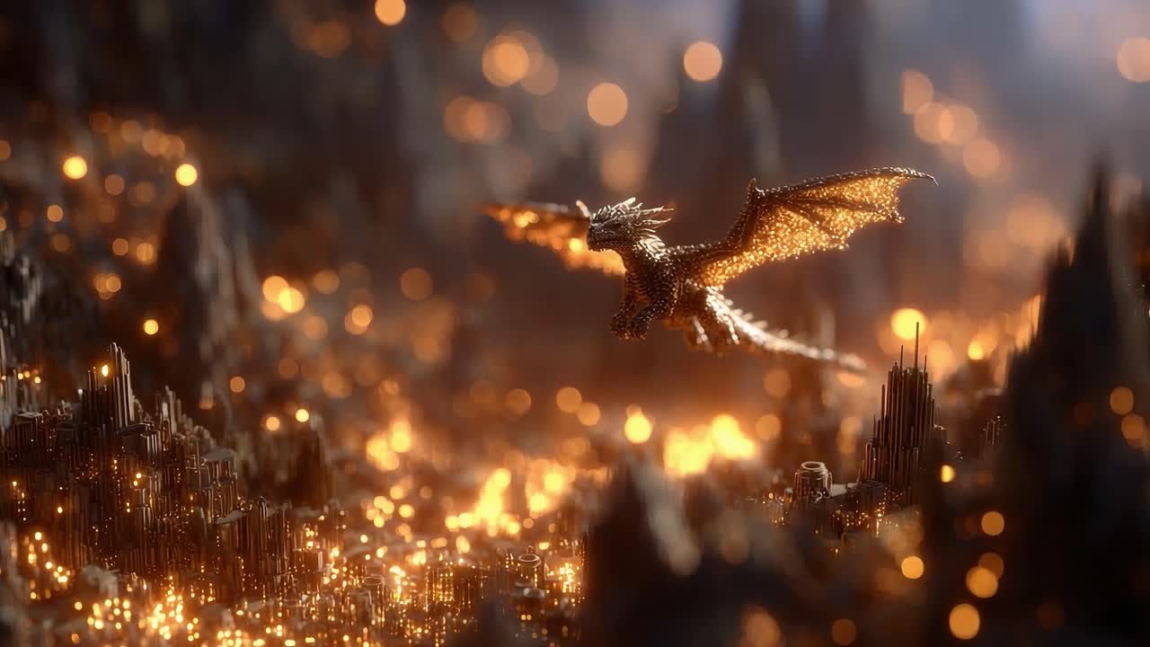A Majestic Dragon Soars Over a Glittering Fantasy Landscape, Illuminated by Mystical Lights and Radiating Magical Energy in a Breathtaking Adventure