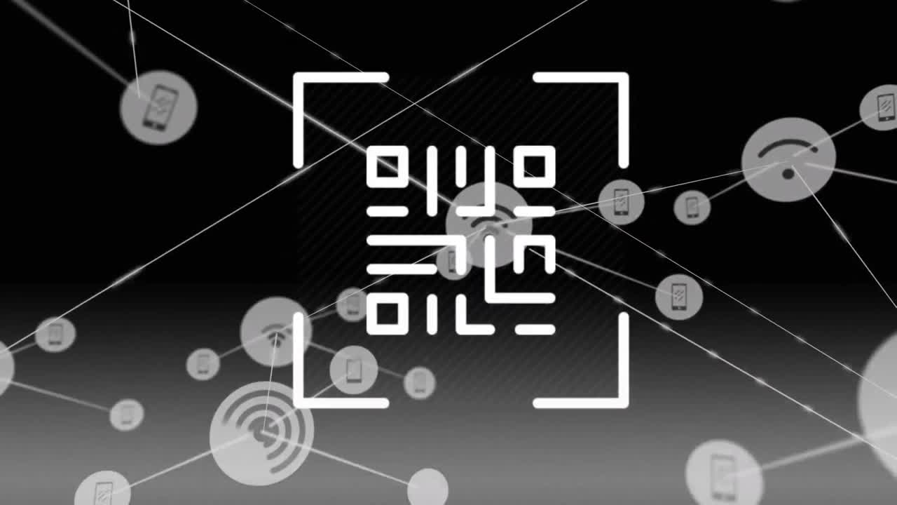 Animation of qr code and network of connections with icons on black background