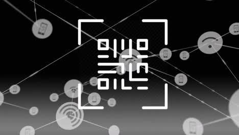 animation of qr code and network of connections with icons on black background