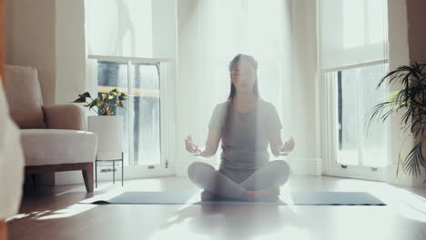 yoga, meditation and woman in home with wellness