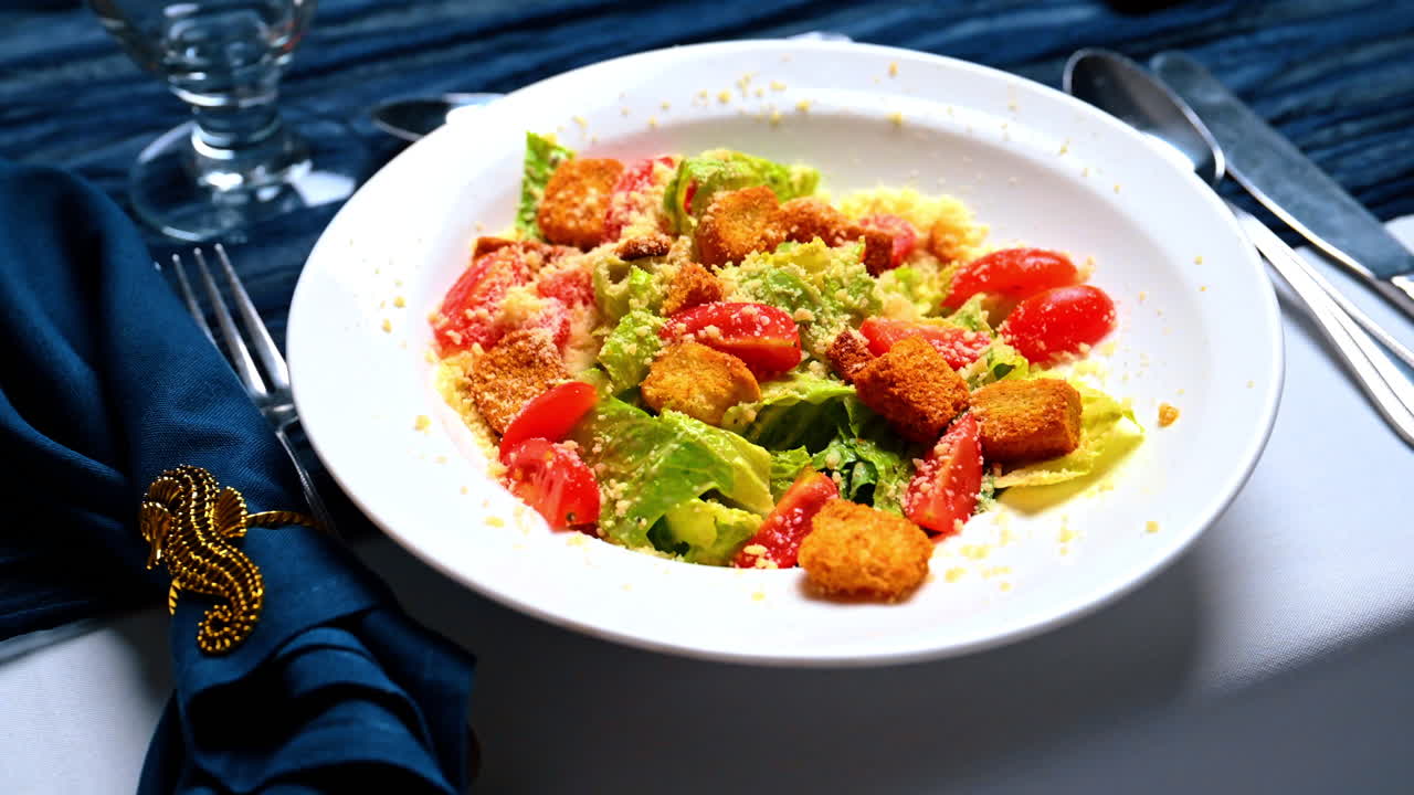 Primo piano di insalata Caesar con Parmigiano. Veduta ravvicinata di un'insalata fresca con crostini e pomodori in una ciotola bianca con un anello portatovagliolo a forma di cavalluccio marino