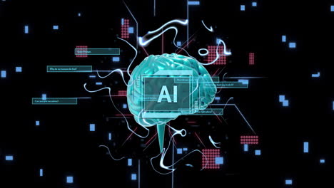 animación de texto ai, cerebro humano y procesamiento de datos digitales sobre fondo negro