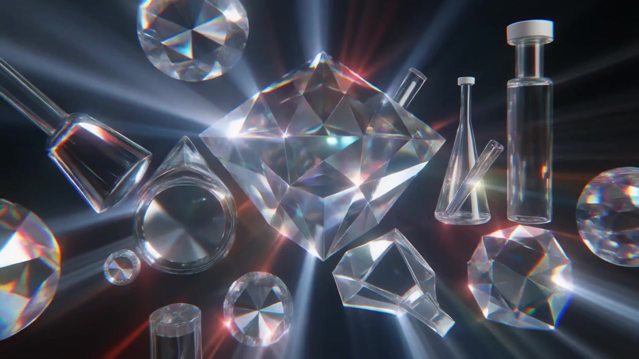 Svævende diamanter og laboratorieudstyr af glas med lysglimt.