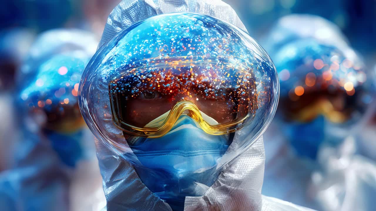 In a mesmerizing scene, individuals clad in protective suits and helmets display unique visors full of sparkling reflections, capturing the essence of safety, innovation, and exploration in a visually stunning context