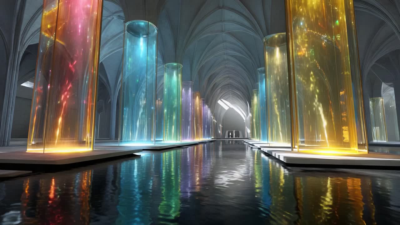 A captivating view of an ethereal space illuminated by vibrant, colorful pillars of light reflecting beautifully on the tranquil water surface, creating a serene and magical atmosphere