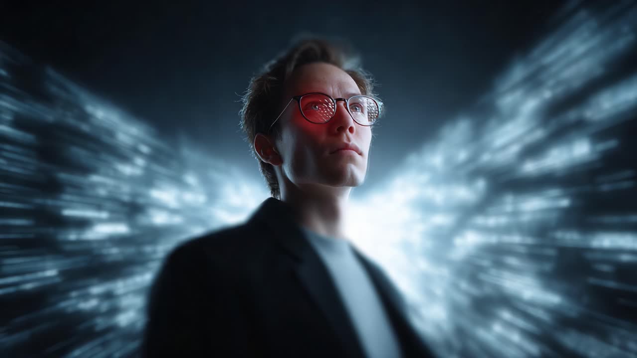 A Transformative Moment: A Character with Wing-Like Light Effects, Exuding an Aura of Power and Insightful Reflection Amidst a Dynamic Light Display