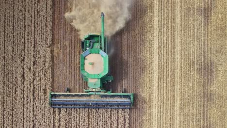 overhead of a combine harvester showing harvesting of crop and dust cloud behind