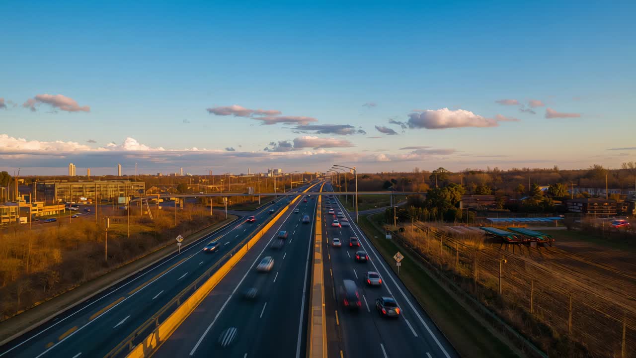 Launching drone filming multilane highway flowing through suburban route to monitor cars and trucks