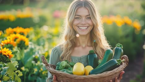 una mujer sosteniendo una canasta llena de verduras en un jardín