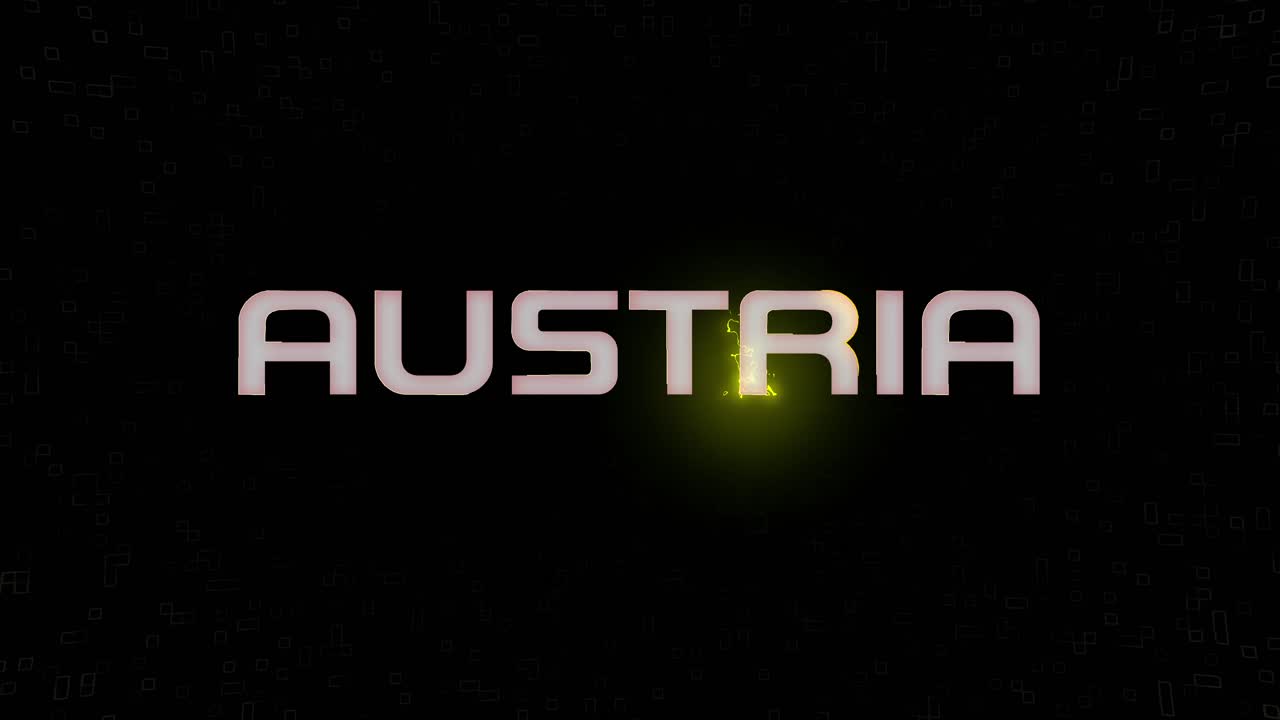 Elektryzująca animowana grafika AUSTRIA ze świecącymi elementami w kolorze białym, żółtym i czarnym