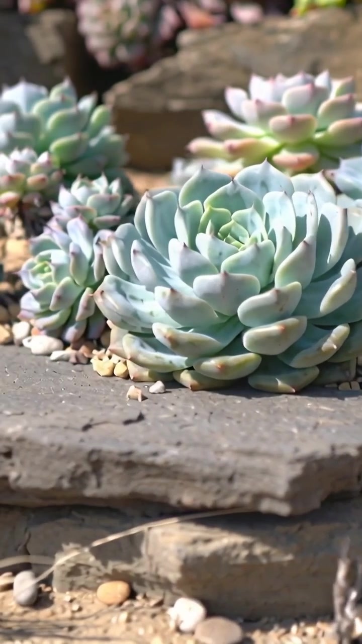 Video verticale: Telecamera che panoramica rivelando succulente a rosetta su livelli di ardesia impilati per mostrare i ciottoli.