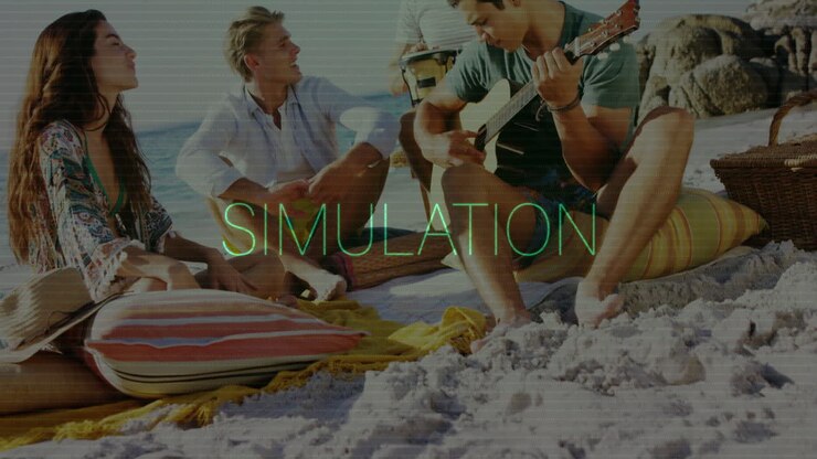 Animation text overlay in green, people relaxing on beach with simulation theme