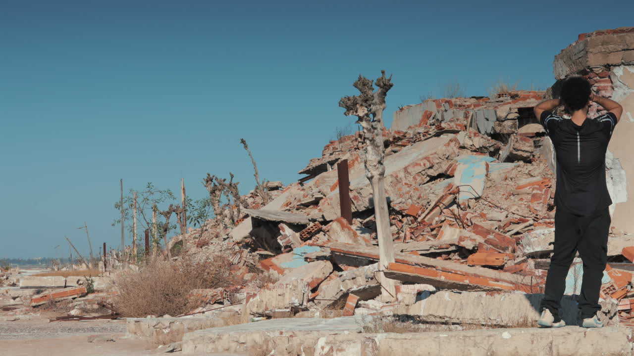 Man standing in destroyed urban ruins holding his head in despair, symbolizing loss, trauma, and the human impact of war
