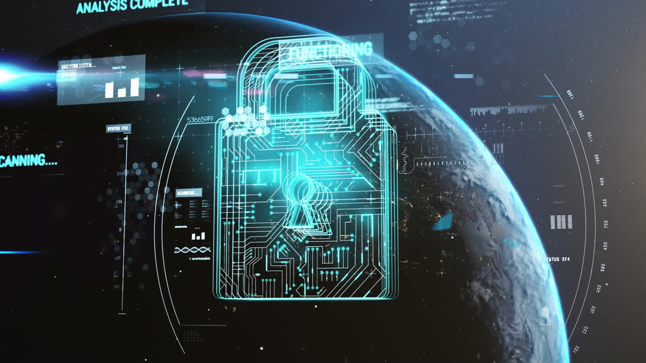 Animation of padlock and data processing over globe