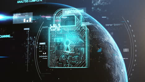 Animation of padlock and data processing over globe