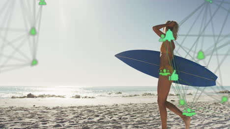 animación de redes de conexiones con iconos sobre mujer con tabla de surf en la playa