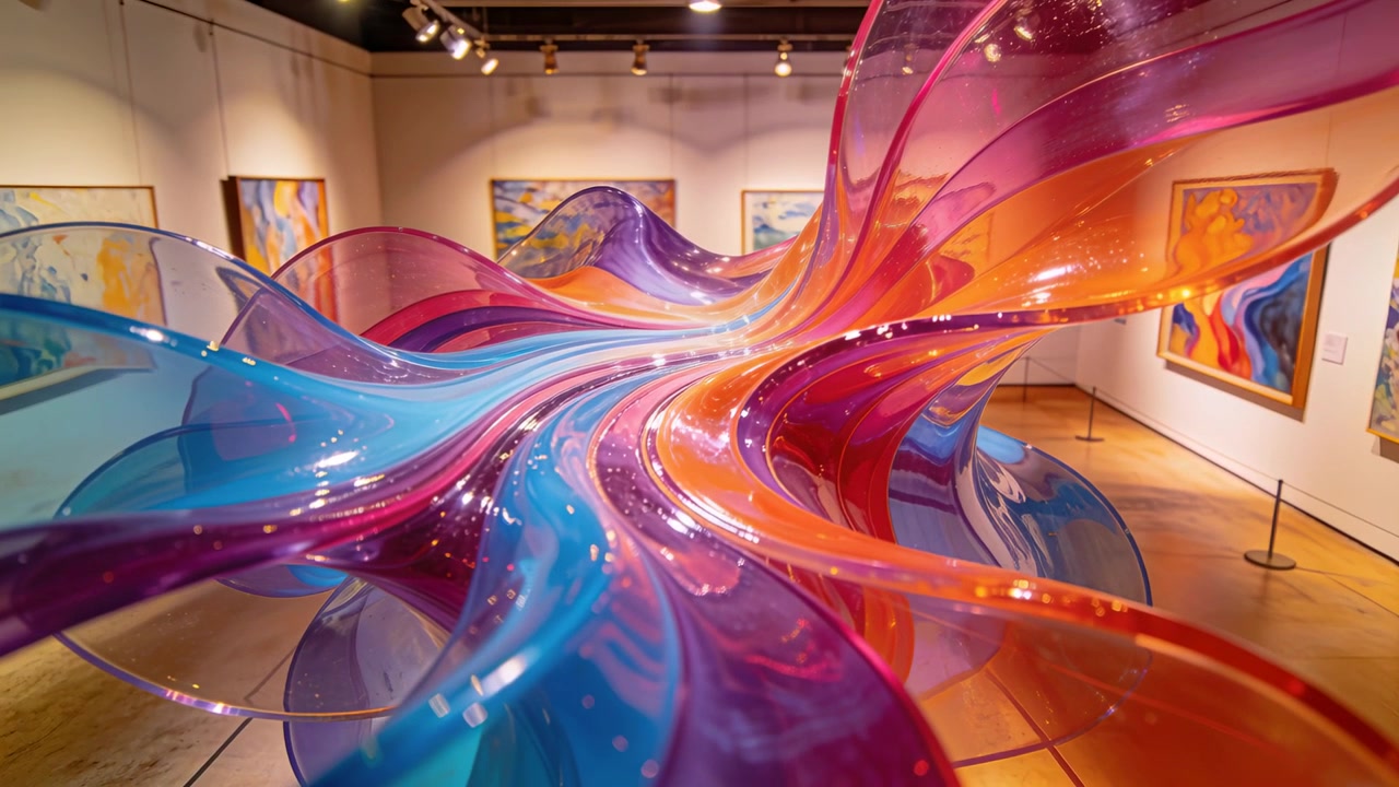 Câmera em movimento começando perto de uma escultura, avançando em uma galeria mostrando fitas brilhantes e lustrosas