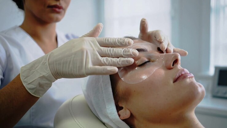 Estetista con guanti che prende una patch e applica patch occhi in idrogel su una cliente in clinica per l'idratazione.
