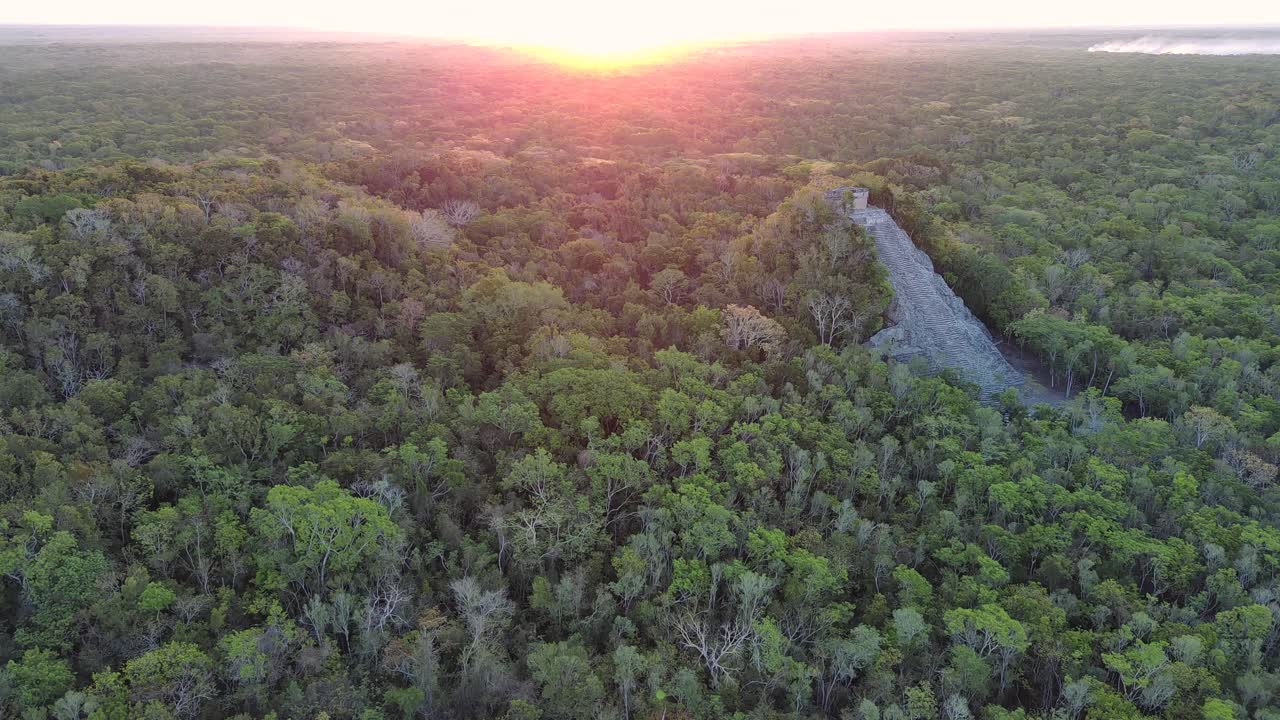 Sunset Coba Ruins Mayan World Tulum Aerial Drone Fly Above Quintana Roo Mexico