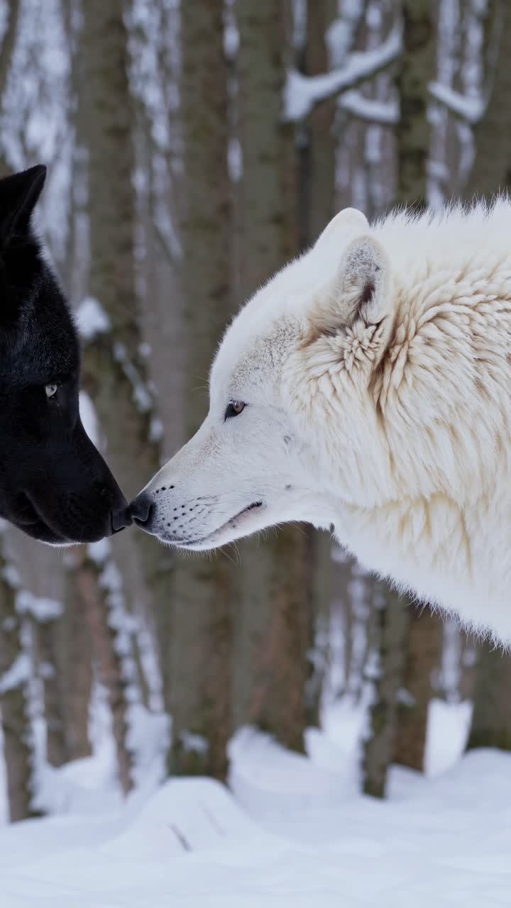 Close-up side view of a black and white wolf touching noses in a snowy forest, capturing a moment