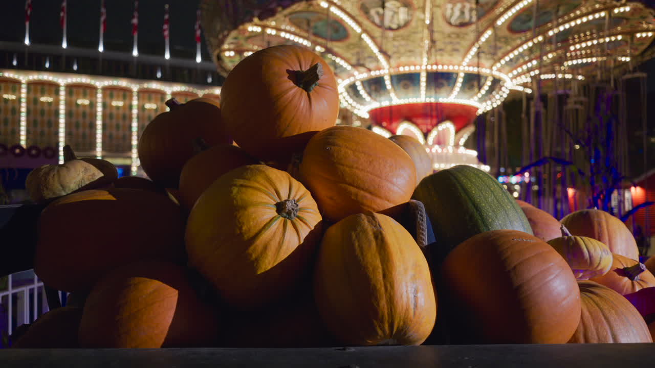 Halloween decorations in the Tivoli Gardens amusement park in Copenhagen, Denmark at night