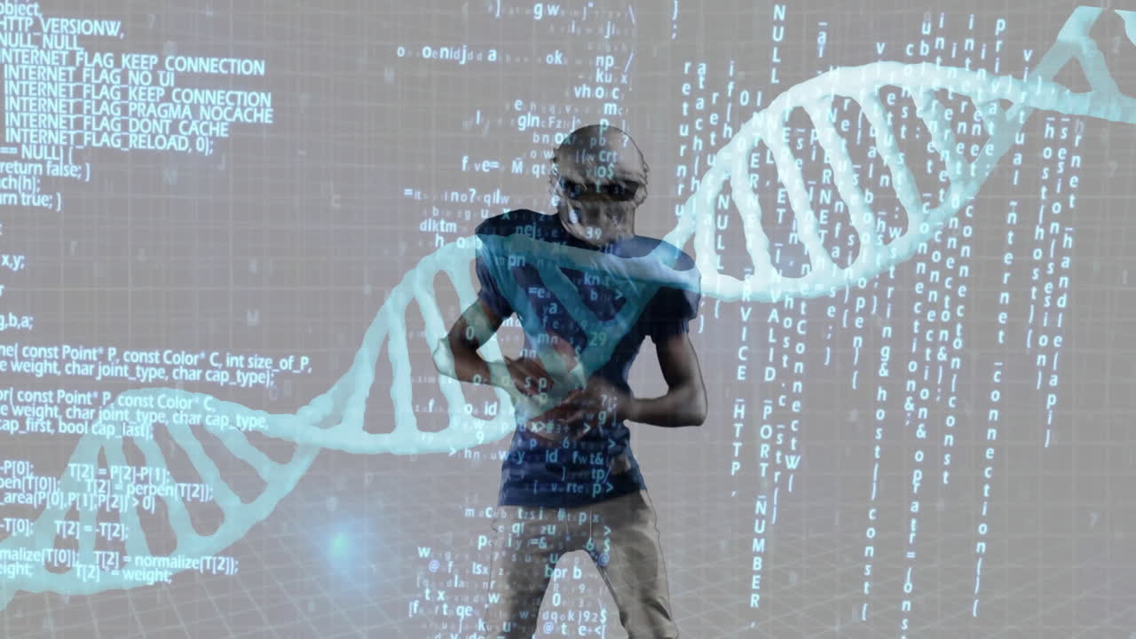 Football player running with DNA strand and code animation overlay