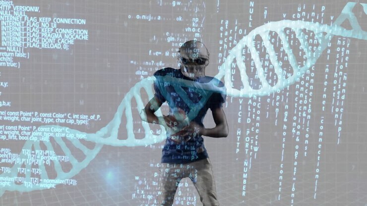 Football player running with DNA strand and code animation overlay