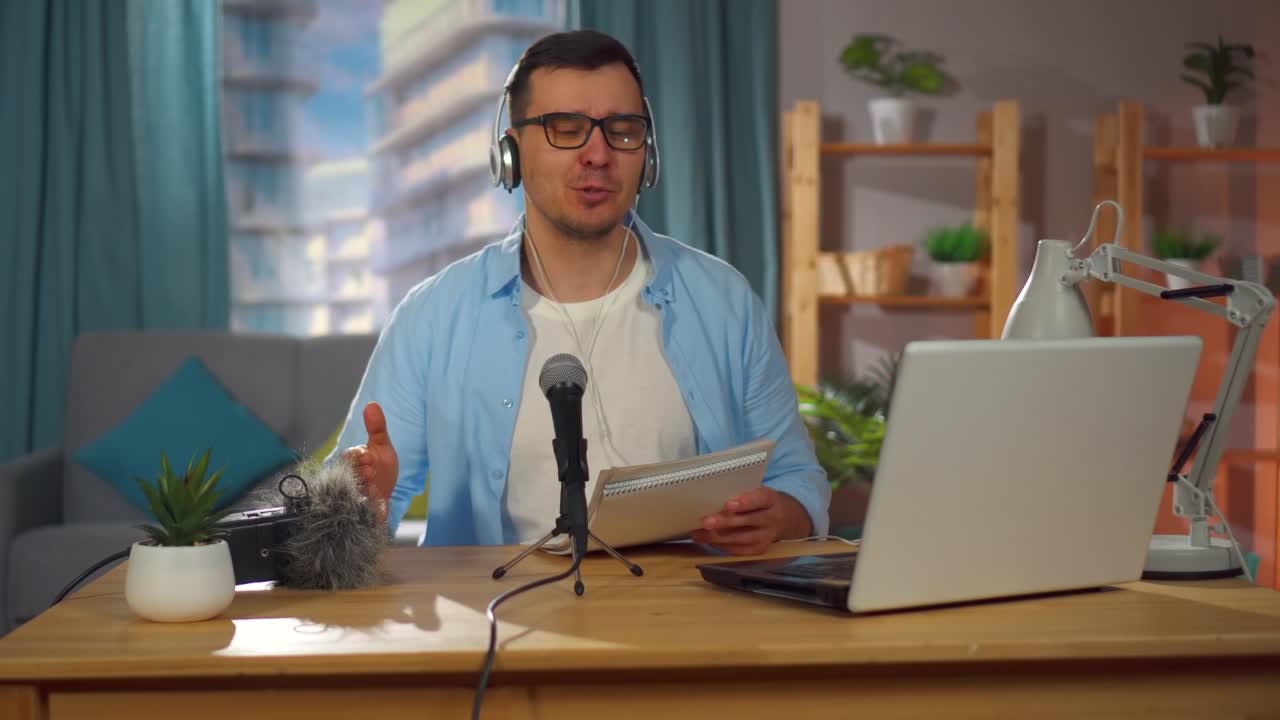 Man records an audio podcast or conducts an Internet stream while sitting in the living room