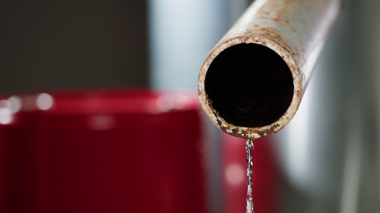 Rusty Pipe Dripping Water into Red Bucket