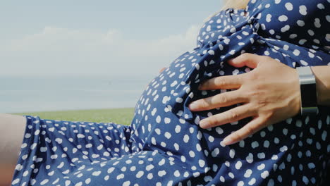 hands of a man on the belly of his pregnant wife relax in nature