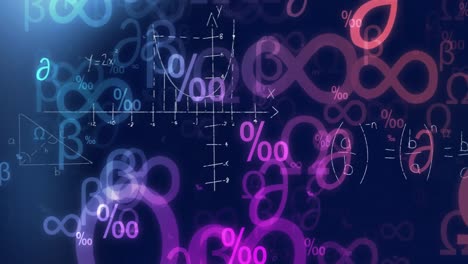 animation of mathematical equations, symbols and diagrams over lens flares on black background