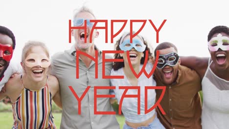 Animation-of-happy-new-year-greetings-text-over-diverse-friends-wearing-masks-at-party