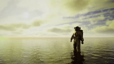 astronaut walking on water under a cloudy sky at dawn