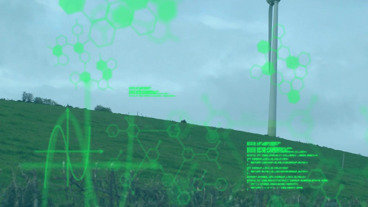 Wind turbine tower rising on green hill, displaying molecular, waveform and code overlays