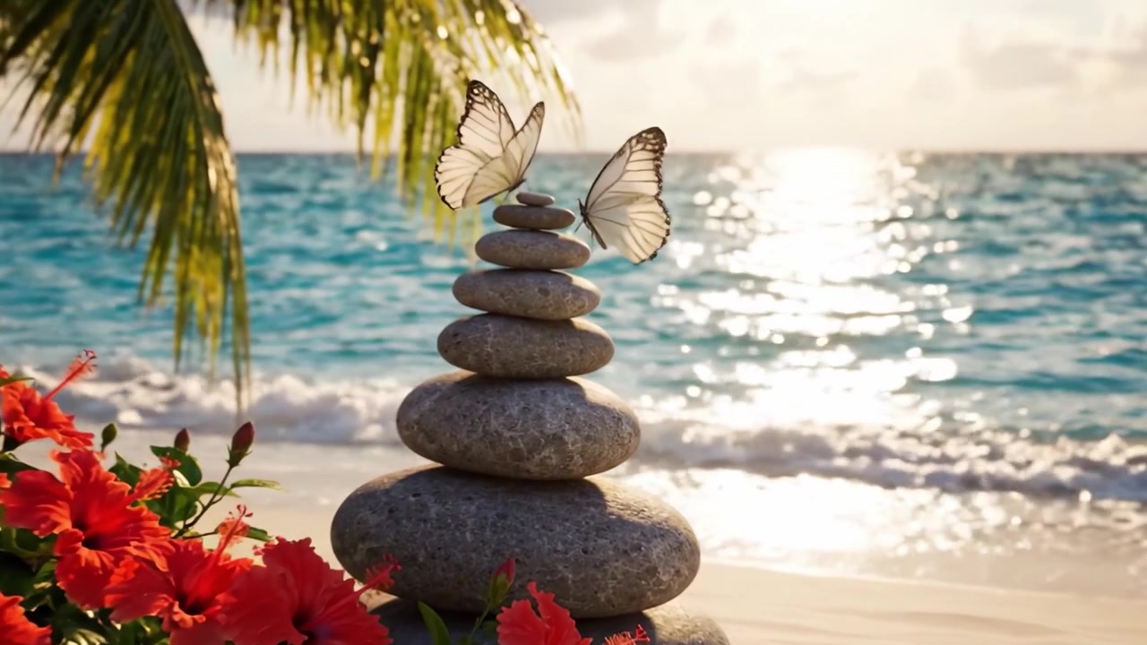Scena di spiaggia tranquilla con una pila di pietre in equilibrio, piante lussureggianti e riflessi calmi dell'oceano al tramonto, che evoca pace e serenità nell'abbraccio della natura.
