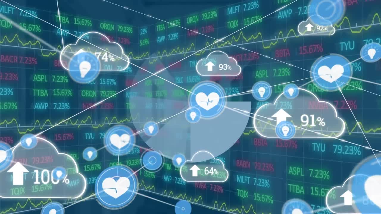 금융 데이터에 대한 아이콘과 디지털 클라우드로 연결된 네트워크의 애니메이션