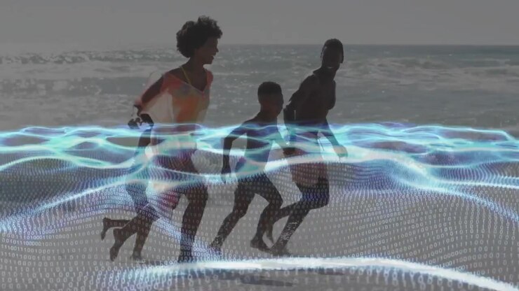 Family running along shore, woman's reach guiding child, blue wave grid covering legs, tech