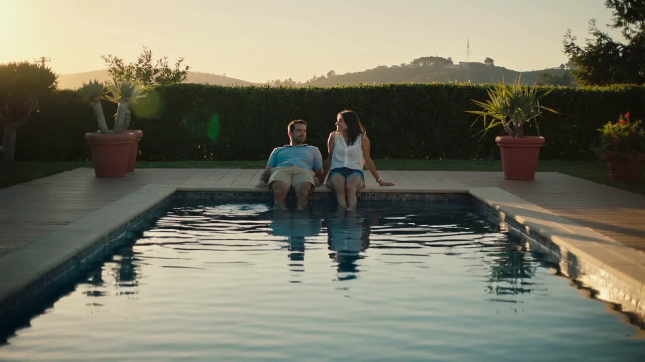 Man and woman sitting poolside, woman turning and speaking, animated ripples on water for health