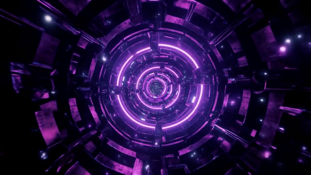 Túnel Futurista com Luzes Circulares de Néon Roxo Brilhantes
