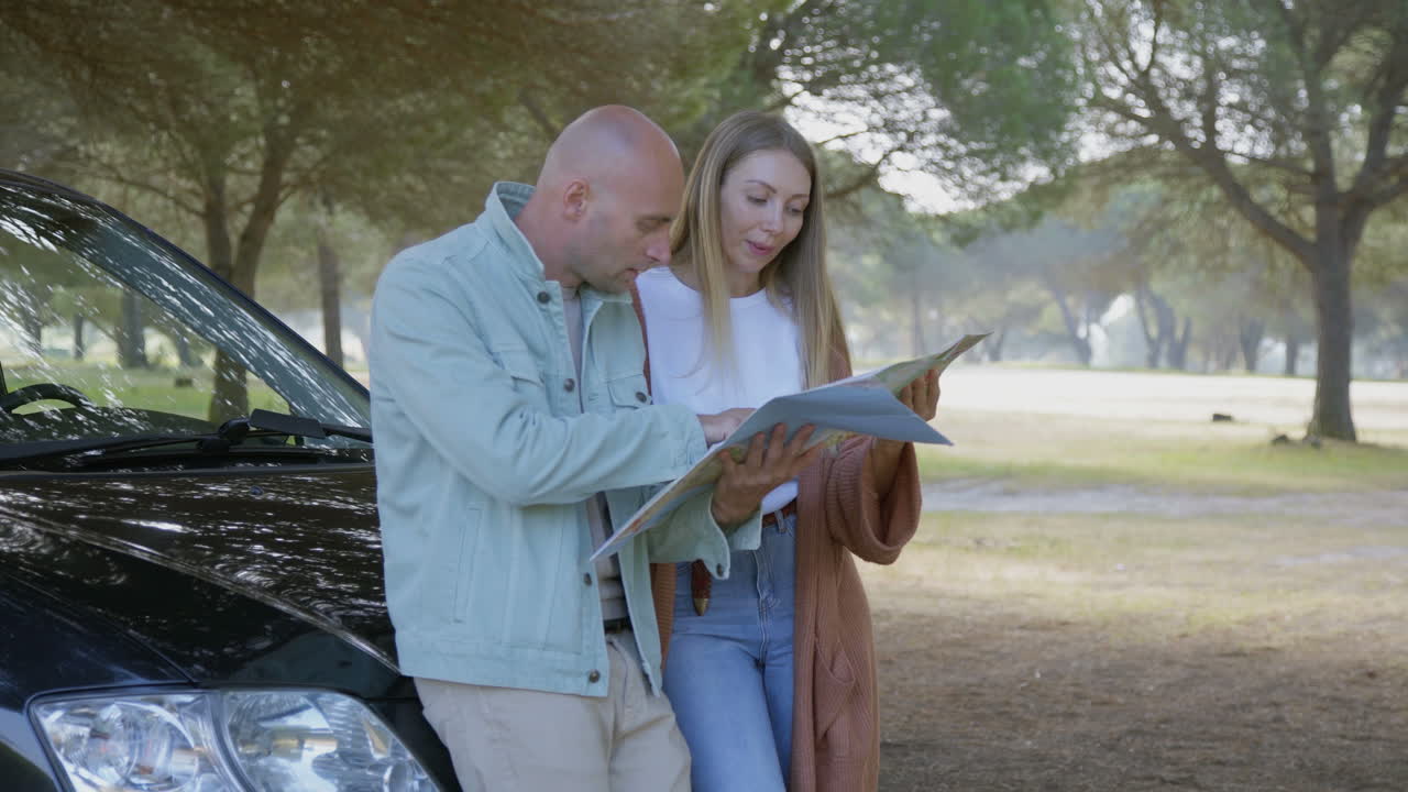 pareja sentada afuera del coche y mirando el mapa