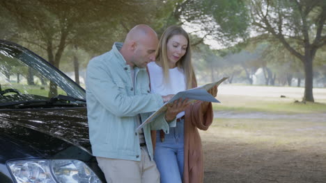 couple sitting outside car and looking at map