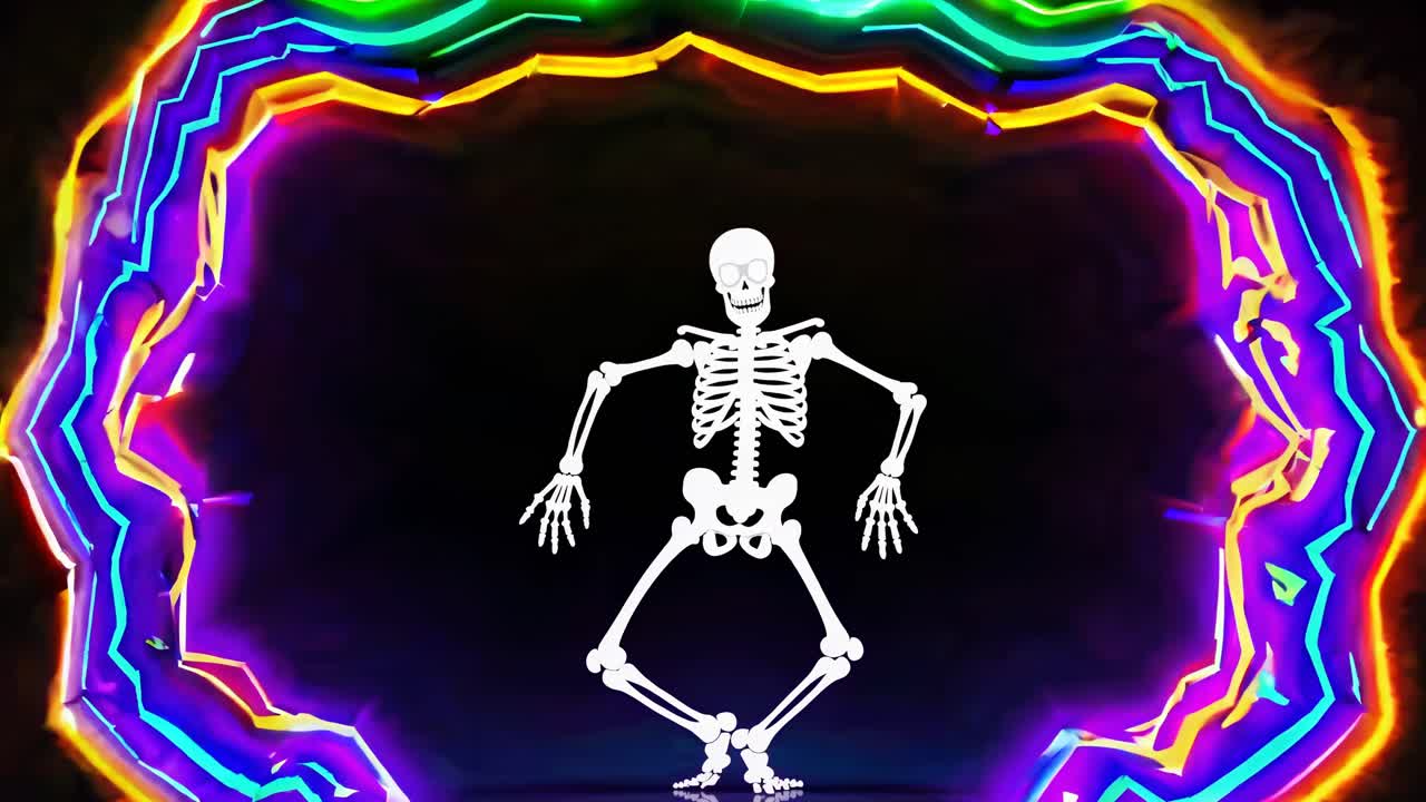 네온 빛 속에서 춤추는 골격