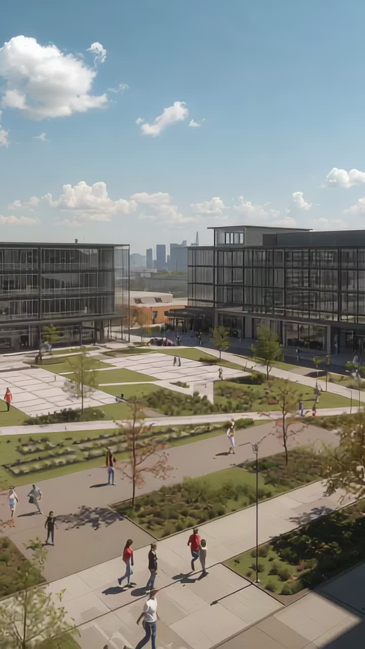 Video verticale: persone che camminano indossando maglie rosse e trasportando pacchetti attraverso il campus tra edifici di vetro al sole