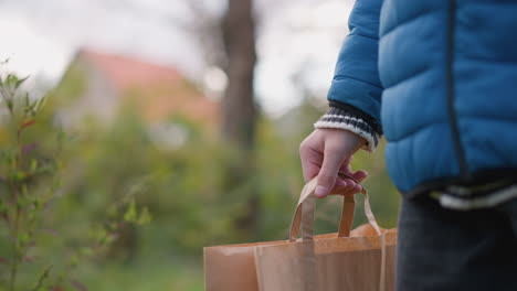 vista parcial de cerca de una persona con chaqueta azul caminando al aire libre sosteniendo una bolsa de papel marrón, balanceando el brazo casualmente, rodeada de vegetación vibrante y elementos naturales