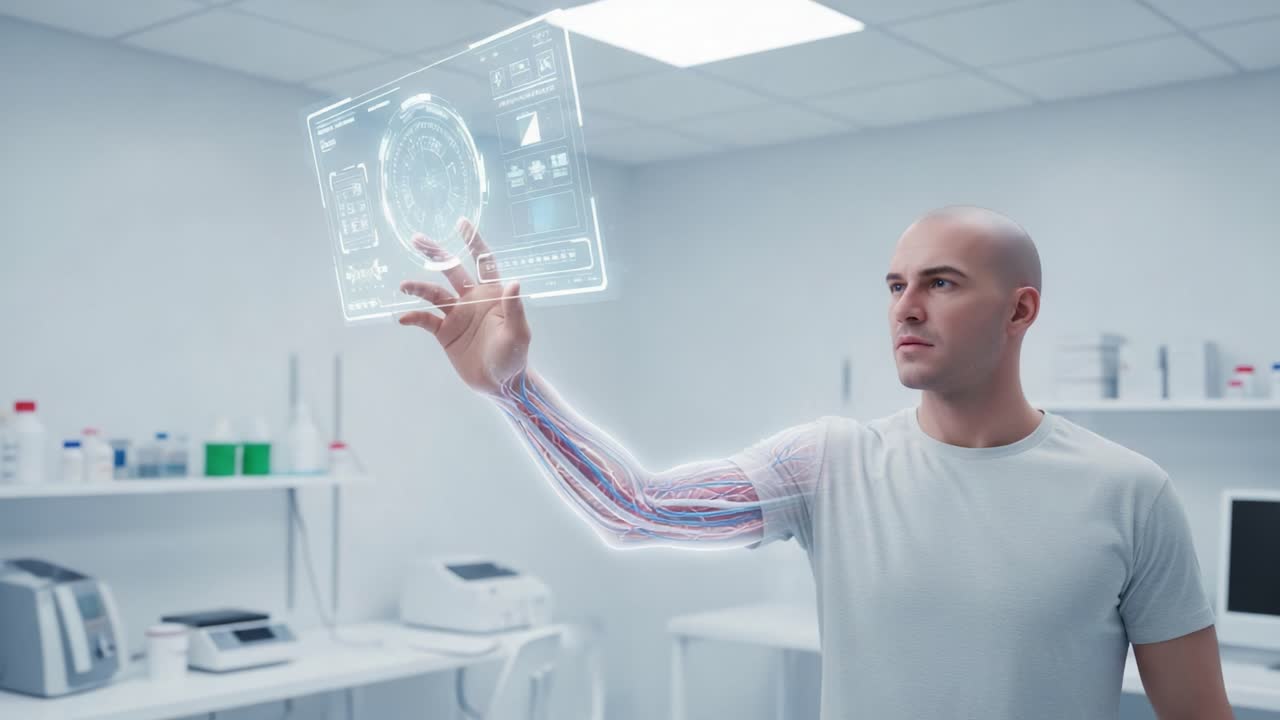 Futuristic Interaction: A Man Engages with Holographic Technology Displaying Data and Analysis in a High-Tech Laboratory Environment