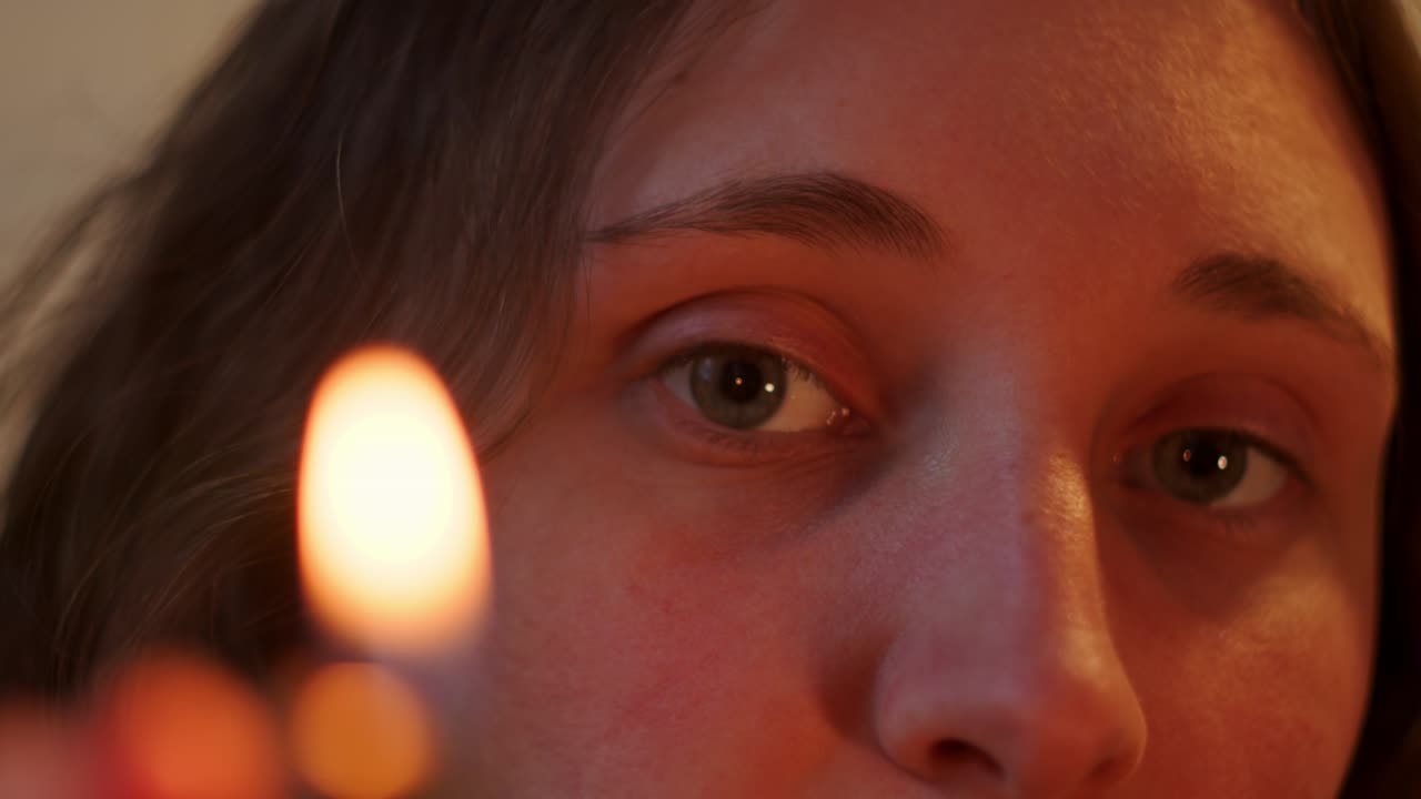 mujer mirando pensativamente a través del reflejo de la luz de la vela en una habitación cálidamente iluminada