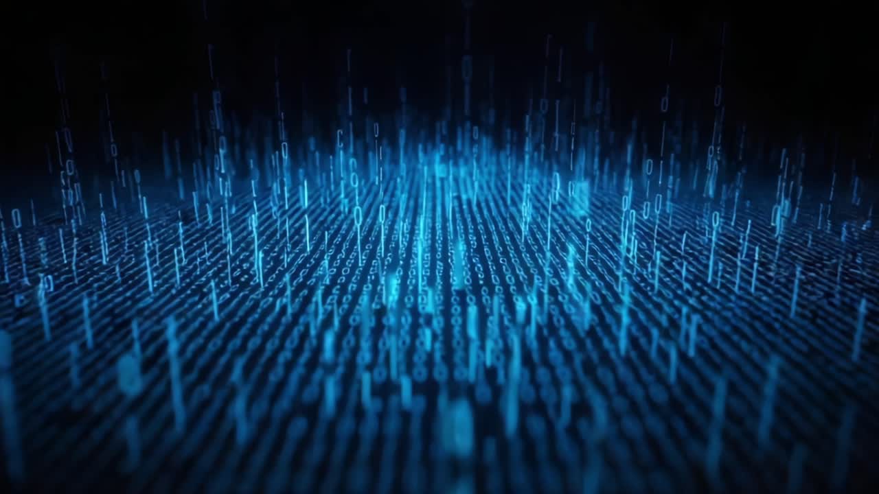 A Stunning Visualization of Binary Data Representation with Blue Light Effects, Showcasing a Dynamic Field of Digital Information Across the Dark Background