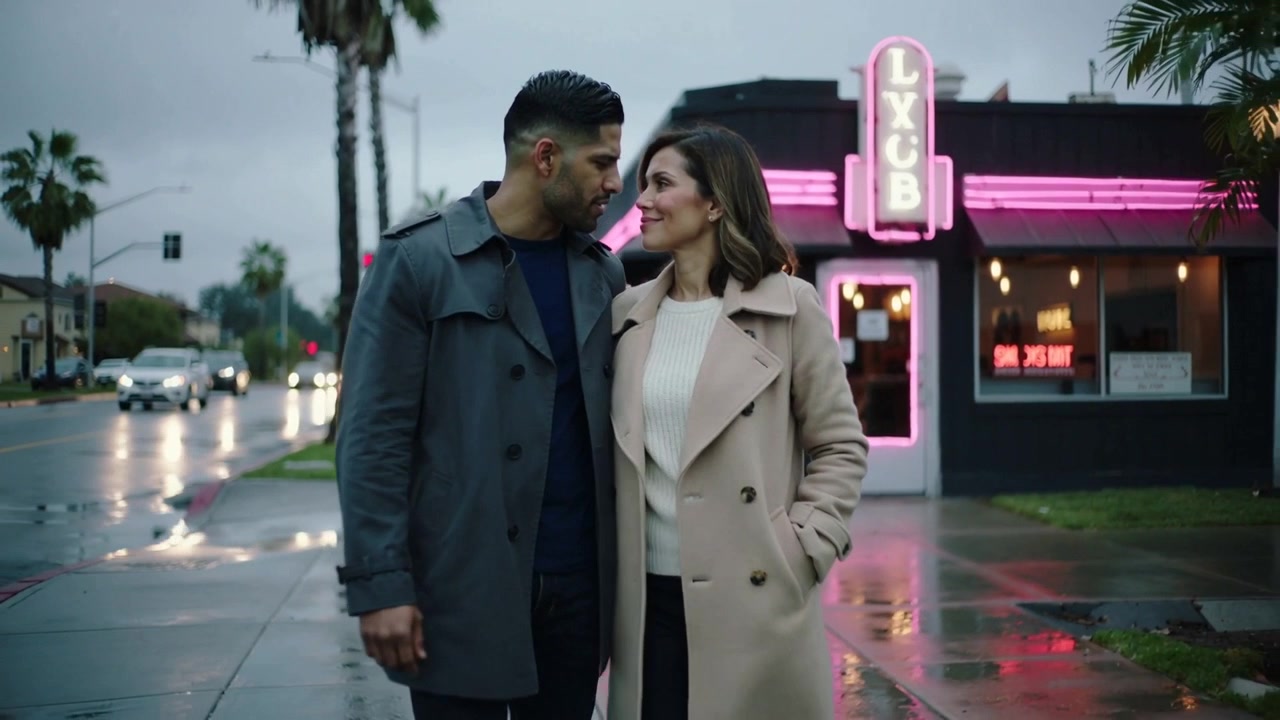 Casal caminhando alcançando o neon LXCB, com casacos longos, diminuindo o passo para compartilhar um momento romântico em uma calçada molhada.