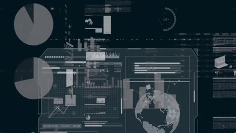 animation of multiple graphs, globes and trading board over computer language on black background